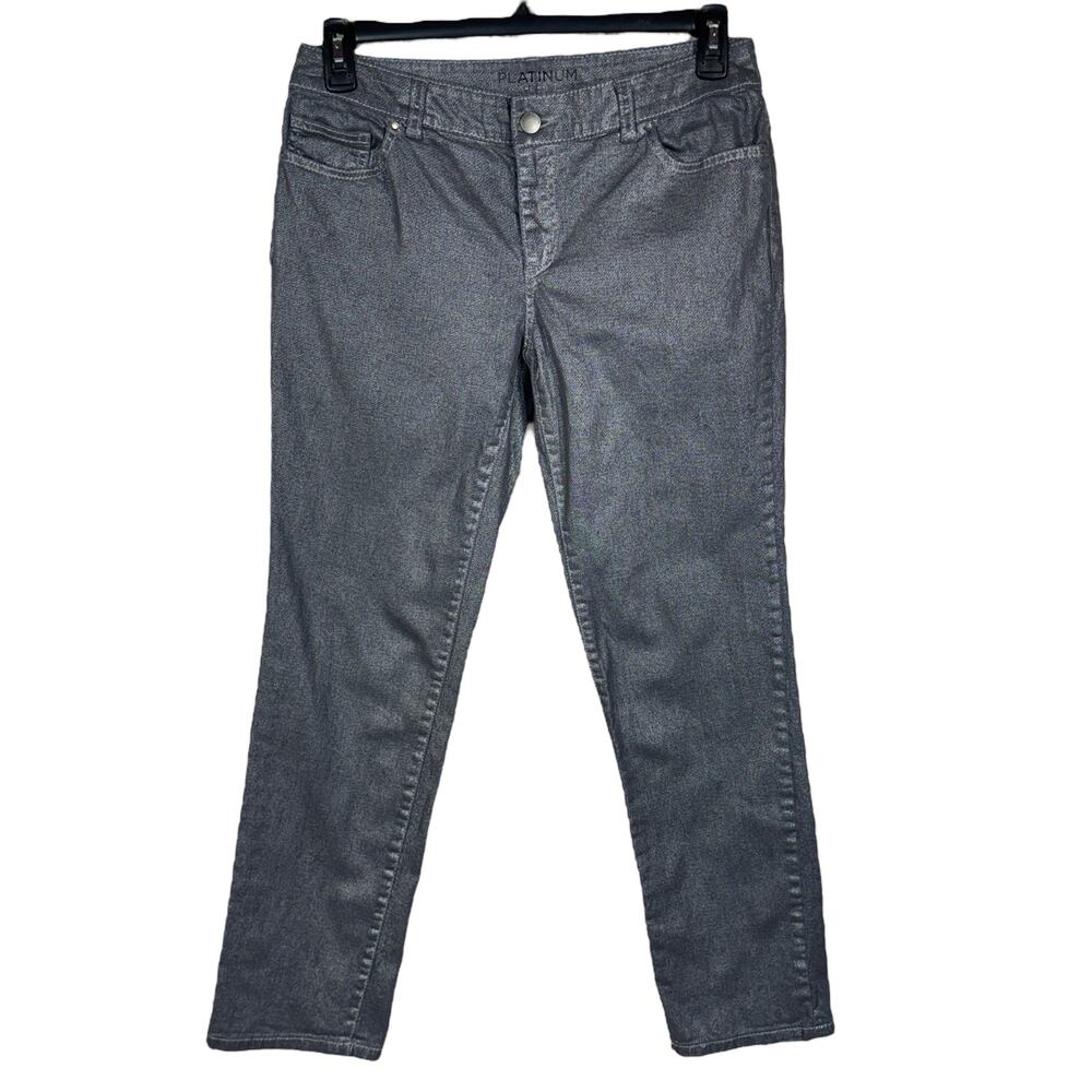 Chico’s Platinum SZ 0 (Small) Pants Mid-Rise Pockets Zip-Fly Shiny Silver Gray